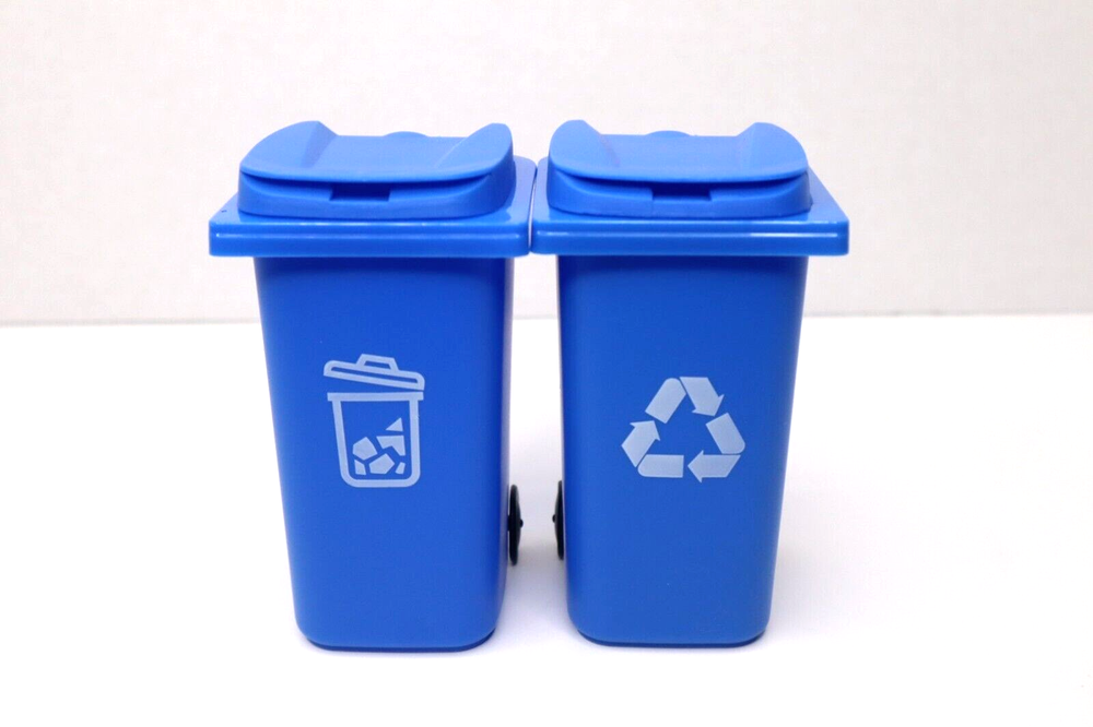 Lot of 2 Desk Decor Pencil Holder Mini BLUE Recycling Bin & Garbage Can 6in NEW