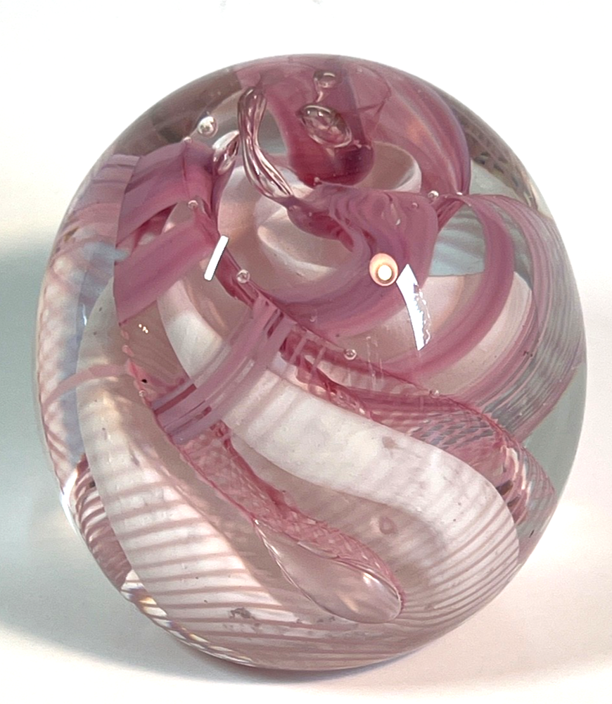 Vtg 1986 Gibson Glass Pink White Free Form Lace  Controlled Bubble Paperweight