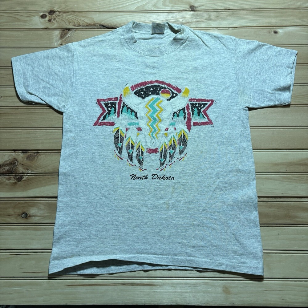 Vintage 90s North Dakota Native Cow Skull Tribal Art Single Stitch Shirt Size L