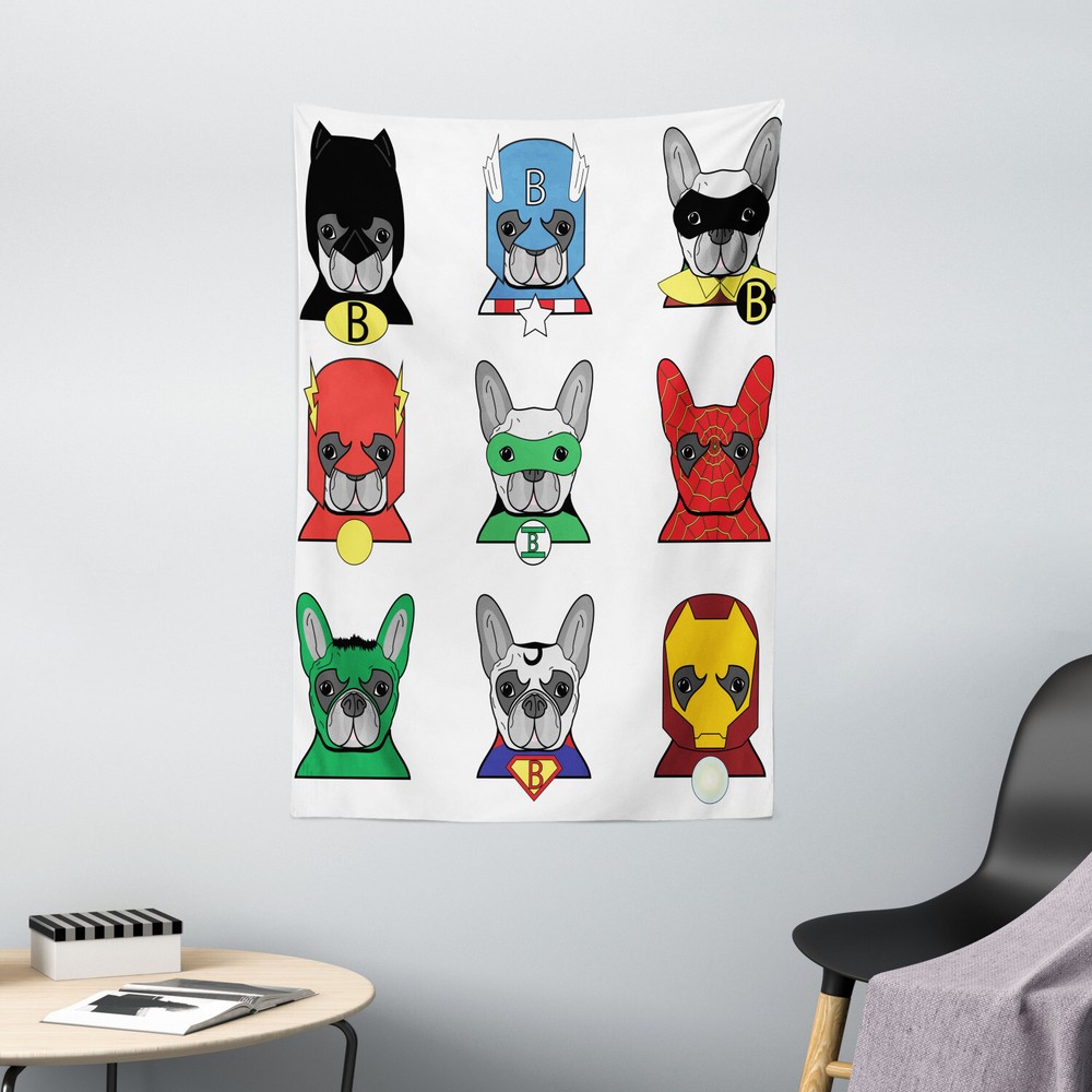 Superhero Tapestry Cartoon Bulldog Art Print Wall Hanging Decor