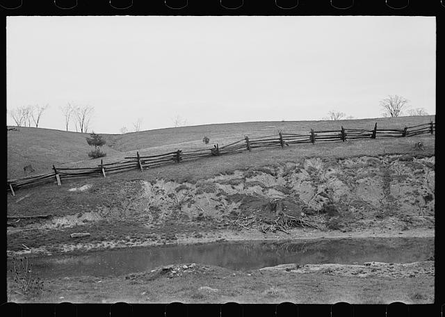 Photo:1930s Rural Hillside Split Rail Fence Stream Landscape