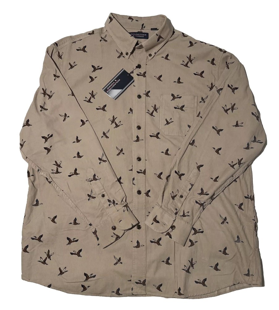 Roundtree Yorke Mens XL Tan Corduroy Duck Print Long Sleeve Shirt NWT