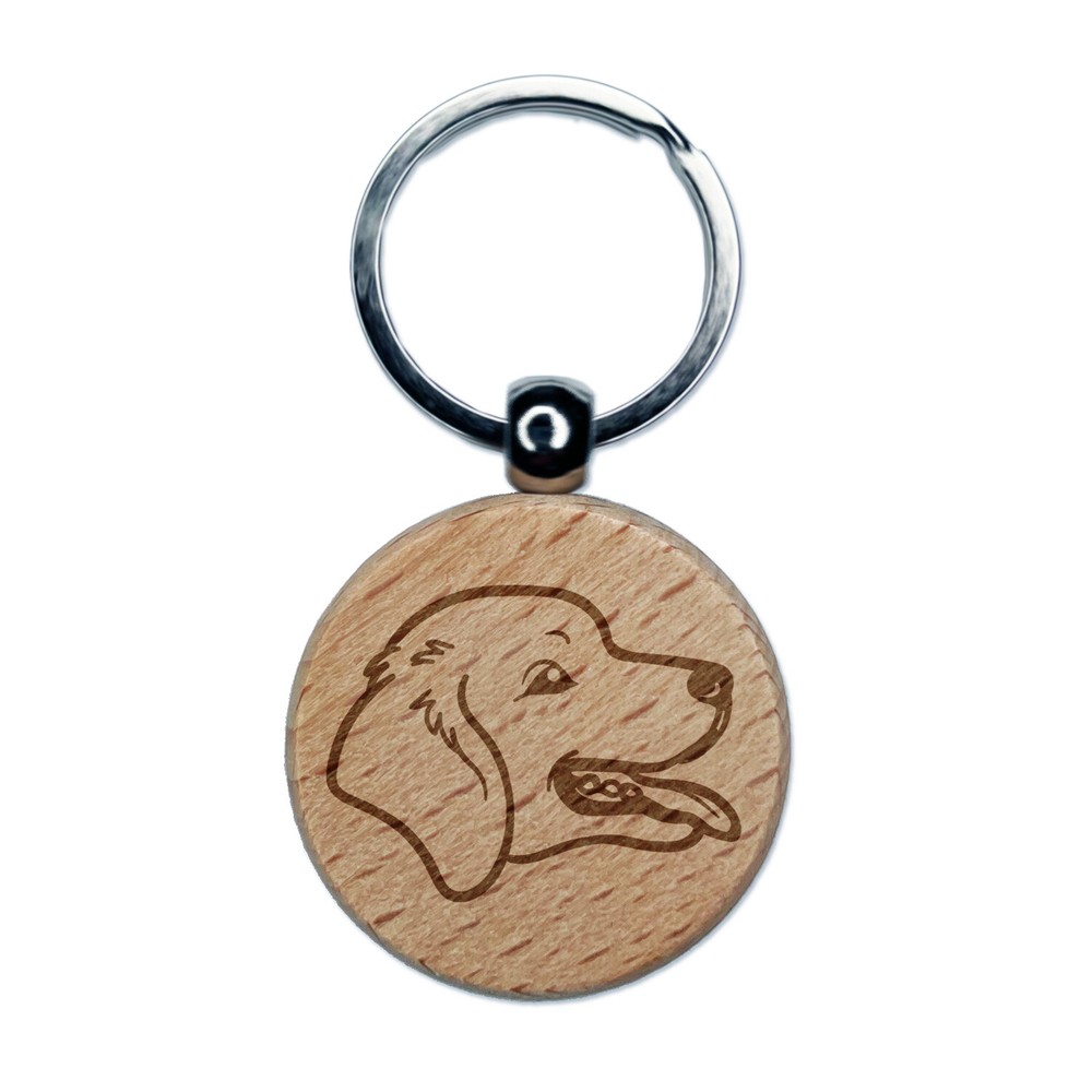 Golden Retriever Head Engraved Wood Round Keychain Tag Charm