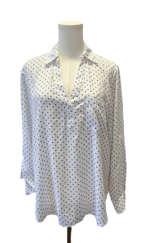 New York & Company blouse, Sz L, dot print, black & white, long sleeve