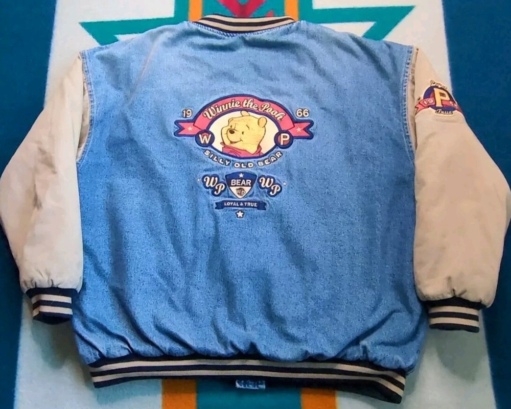 Vintage Winnie The Pooh Denim Varsity Jacket Bomber Letterman Quilt Lined XL