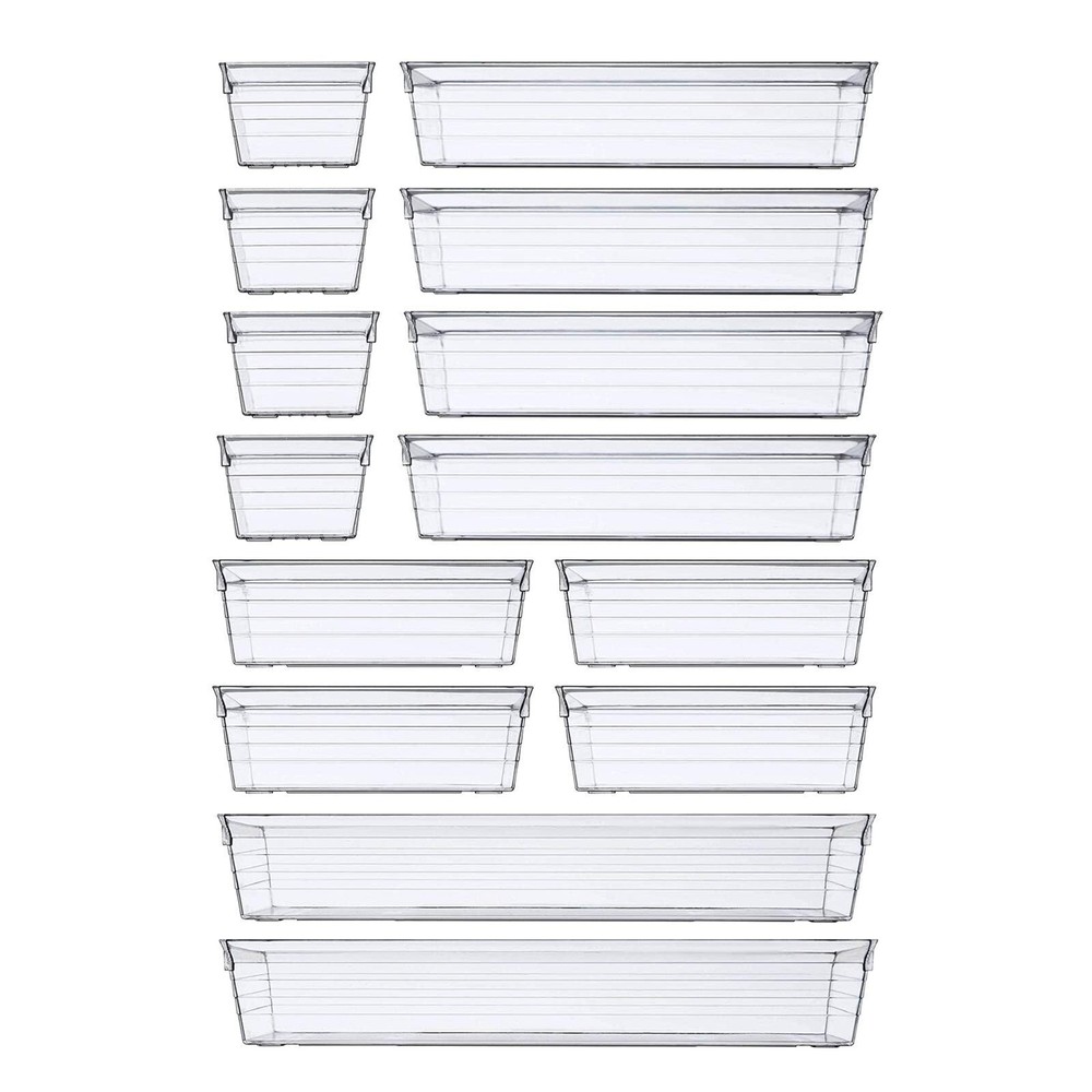 DCA 14 PCS Clear Plastic Drawer Organizer Tray, 4 Sizes Desk Drawer Divider O...