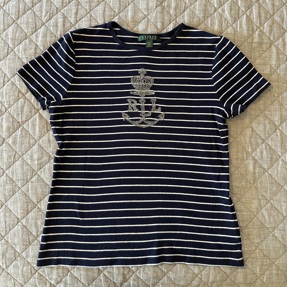 Ralph Lauren Navy White Stripe Size M Beaded Emblem Short Sleeve Top Nautical