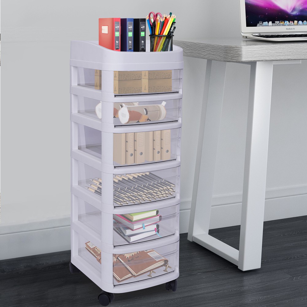 6-Drawer Organizer Plastic Rolling Storage Cart Whit Trolley Cabinet w/ Wheel]
