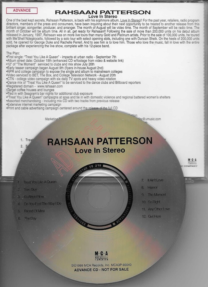 RAHSAAN PATTERSON Love in Stereo DIFF BACK COVER RARE ADVNCE PROMO DJ CD MINT