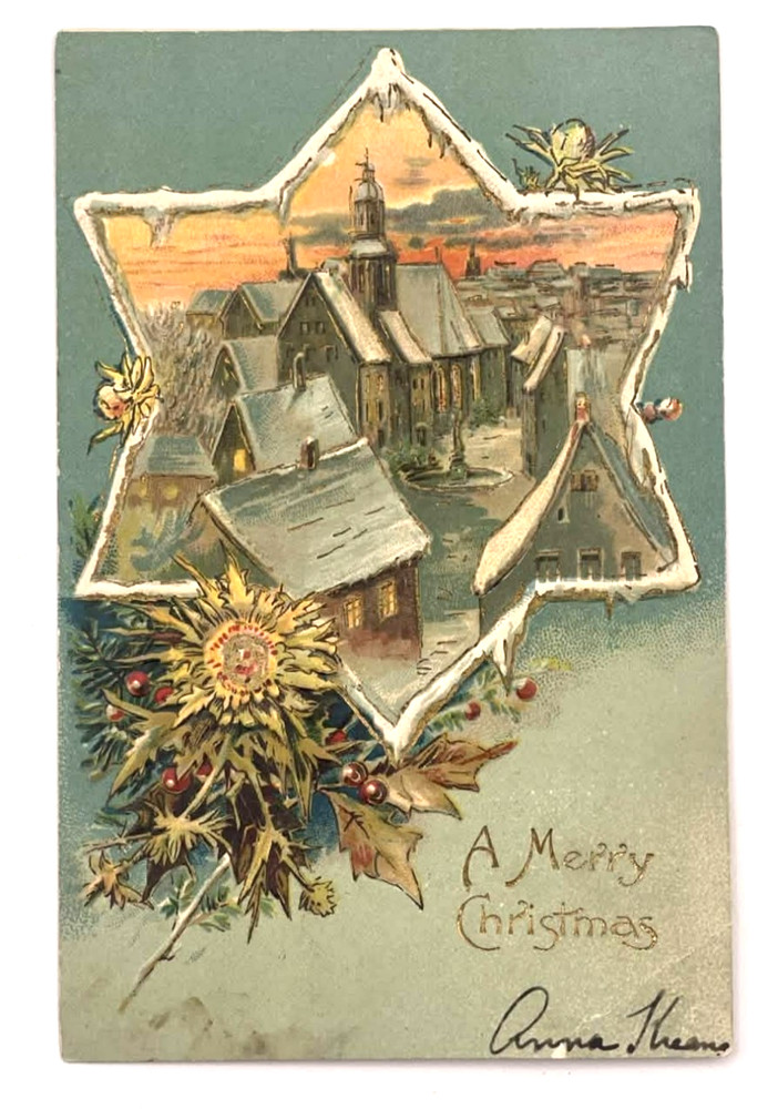Antique Church Star Scene Christmas Embossed Postcard 1907