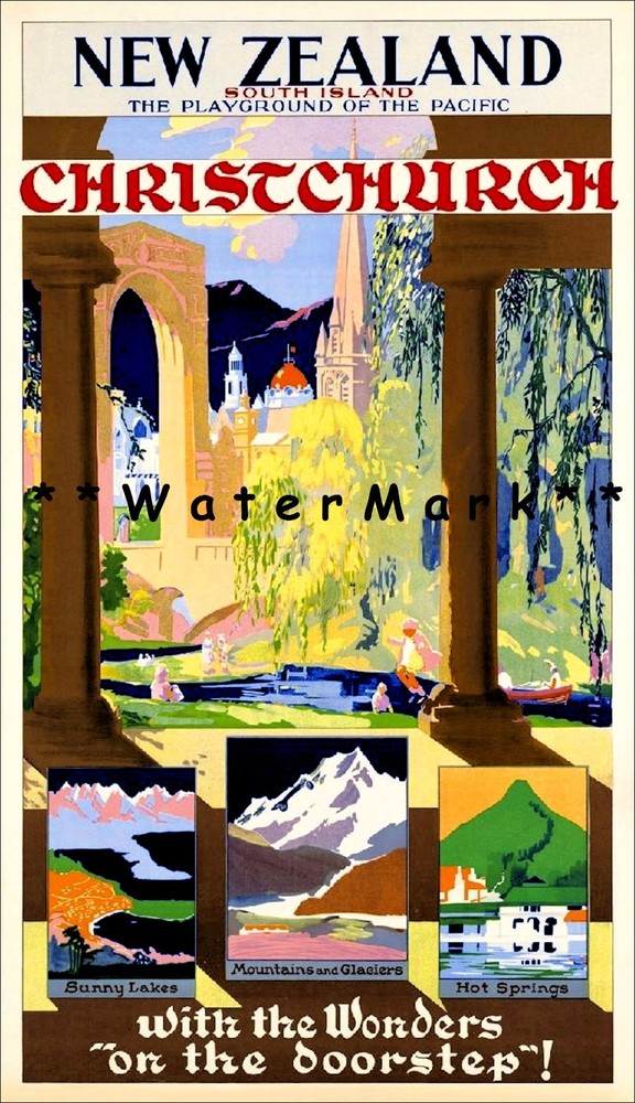 New Zealand 1935 Christchurch South Island Vintage Poster Print Retro Travel Art
