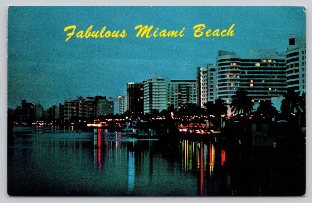Vintage Miami Beach Night View Postcard Indian Creek Collins Ave Florida