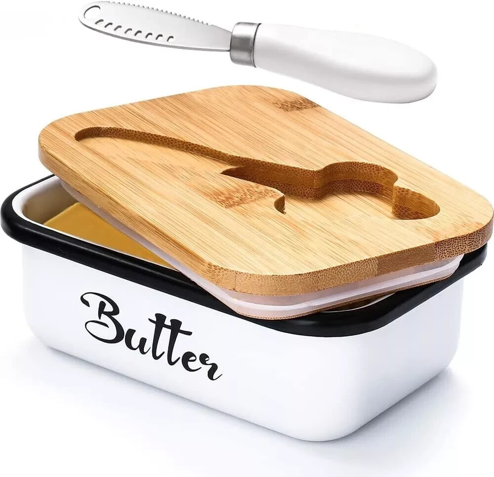 Butter Dish with Lid & Curler Knife Unbreakable Metal Keeper + Silicone Sealing