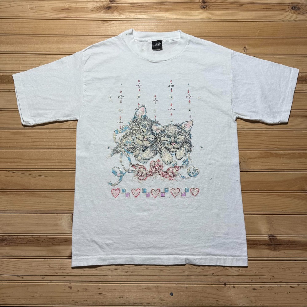 Vintage 90s Glitter Cat Kitten Rose Heart Single Stitch Graphic Shirt USA Large