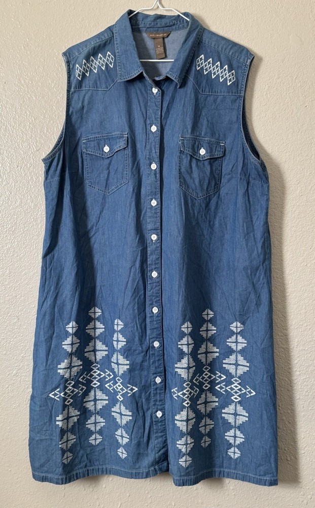 Bit & Bridle W Sz 1X Blue Denim Western Aztec Button Front Sleeveless Dress Boho