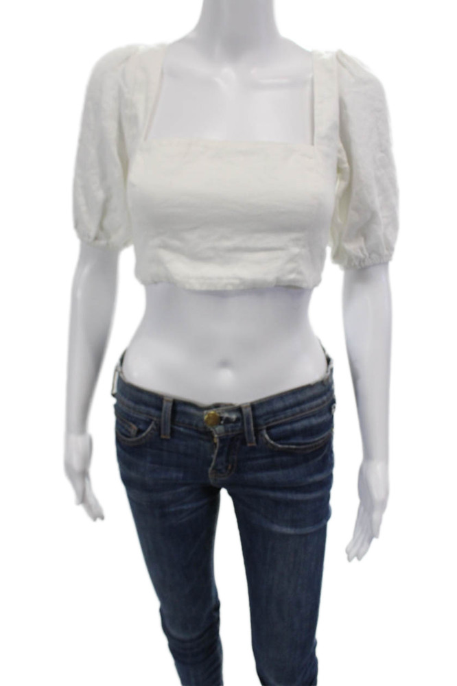 Reformation Womens Linen Short Puff Sleeve Square Neck Crop Top White Size 2Free Shipping in US $100+ Orders | $6.95 Orders Below