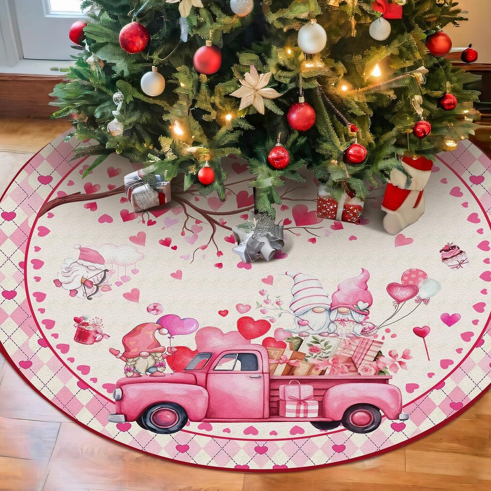 Pink Gnome Valentine's Day Tree Skirt 36 Inch with Pink Truck Christmas Design