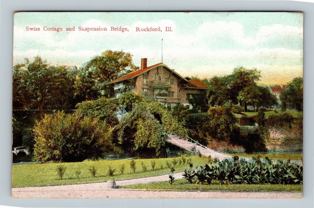 Rockford IL, Scenic Swiss Cottage, Suspension Bridge, Illinois Vintage Postcard
