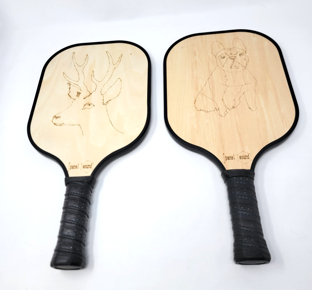 Engraved Wooden Pickleball Paddles with Dog and Deer Design - Panel Sound Two