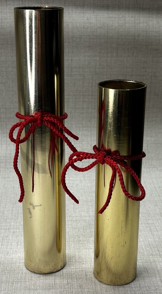 Mid Century Modern Brass Tea Lights Holders Tubular Spherical Pillar Set 2 Xmas