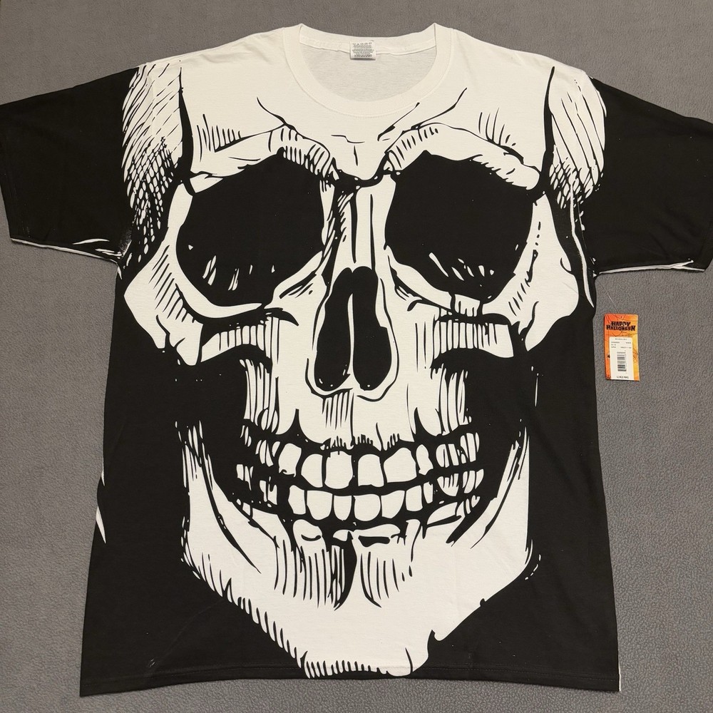 Vtg Y2K Skull Skeleton AOP All Over Print Happy Halloween Shirt Mens Large READ!