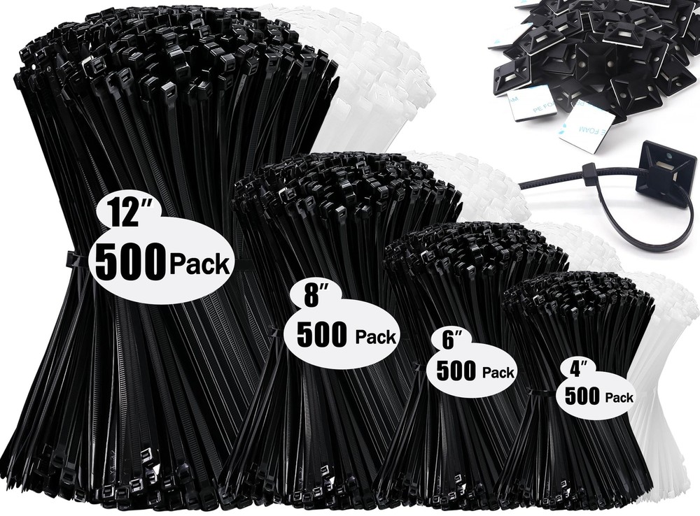 2100-Pack Small Nylon Zip Ties with Cable Mounts for Wire Management