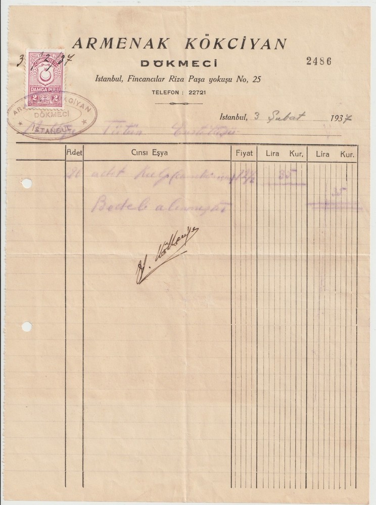 Rare 1937 Armenian Business Invoice Armenak Kokciyan Istanbul Turkey Stamp Duty