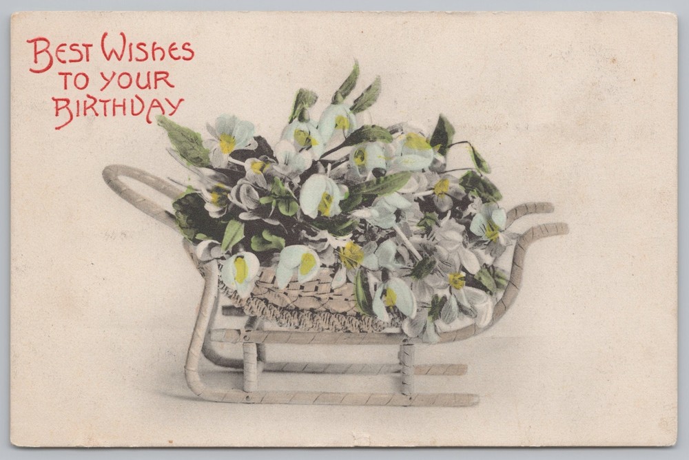 Greetings~Birthday~Wagon Filled with Flowers~Vintage Postcard