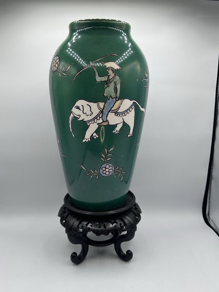 11.75” Antique Old Japanese Dynasty Glazed Enamel Porcelain Vase Man On Elephant