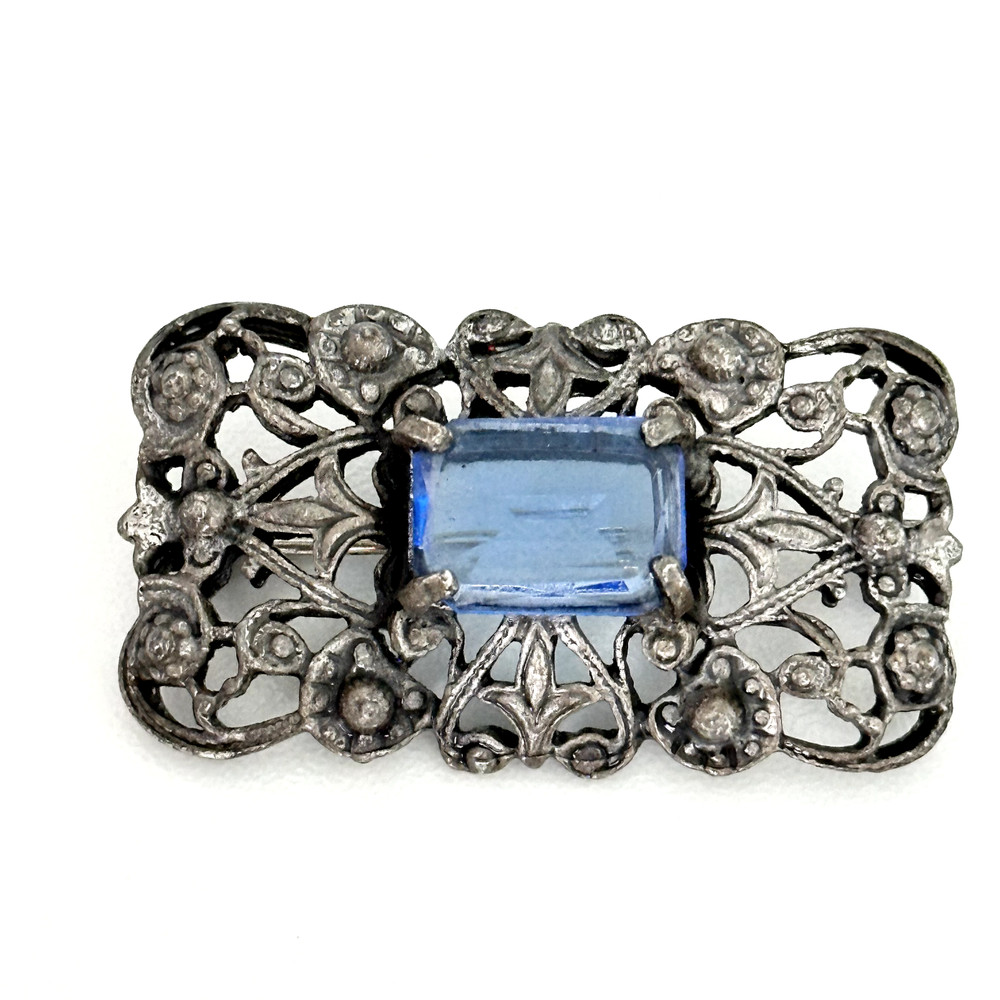 Vintage Blue Glass Floral Filigree Openwork Scroll Bar Silver Tone Brooch Pin