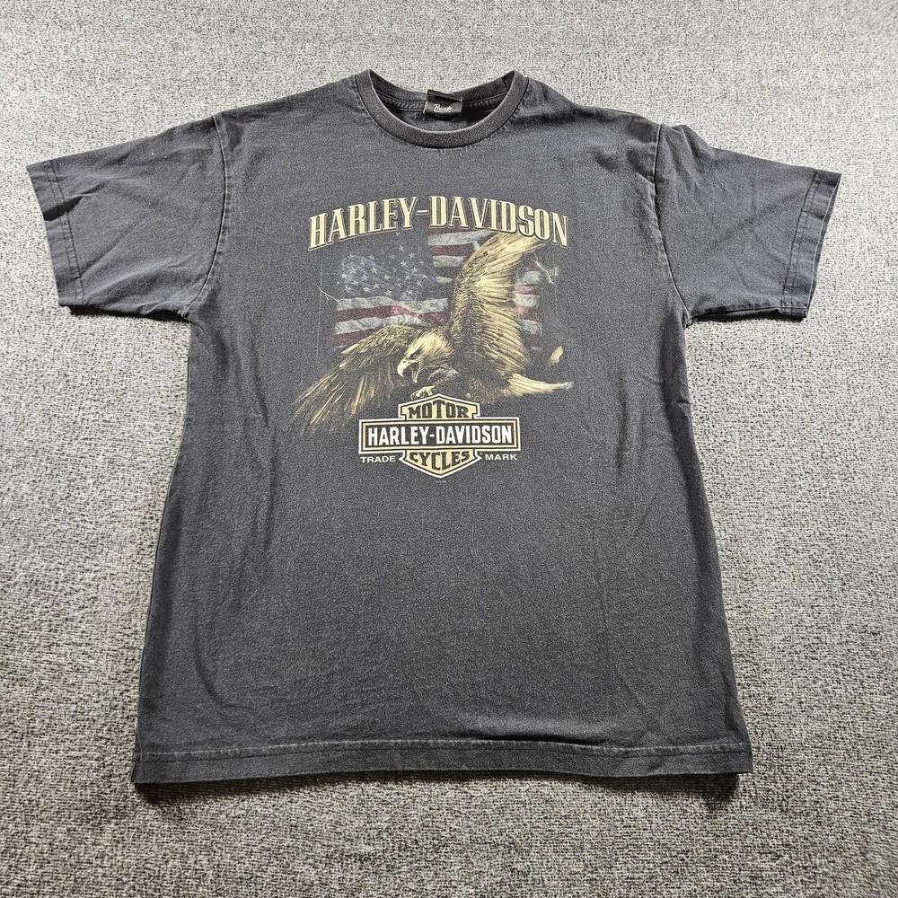 Harley-Davidson Shirt Mens Large Black Eagle Flag Graphic Tee Savannah GA Dealer