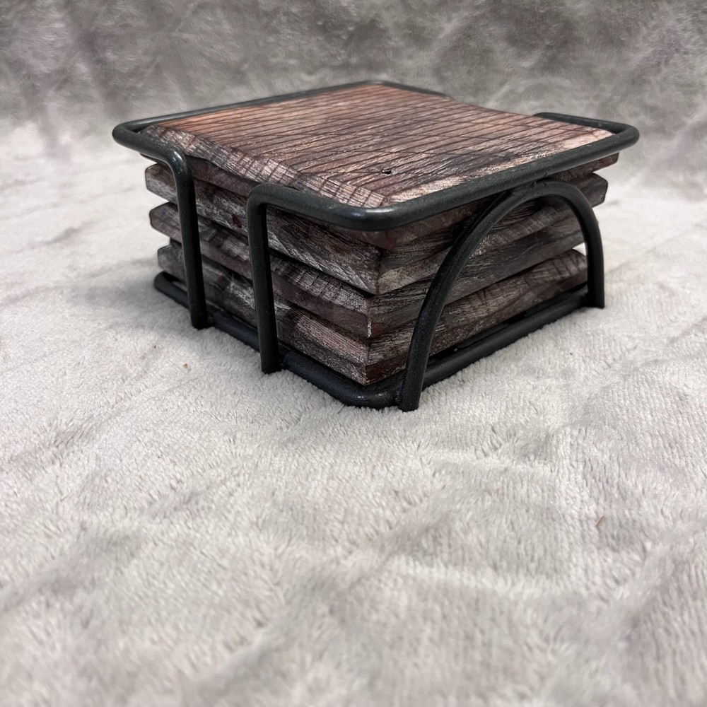 Set of 4 Weathered Drink Coasters w/ Iron Holder Rustic Distressed Wood