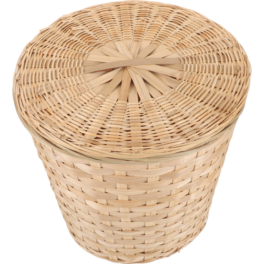 Small Bamboo Waste Paper Basket Woven with Cover for Recycling Trash Can