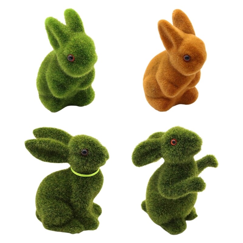 Easter Flocked Rabbit Moss Bunny Figurine for Home Party Yard Lawn Desk Decors