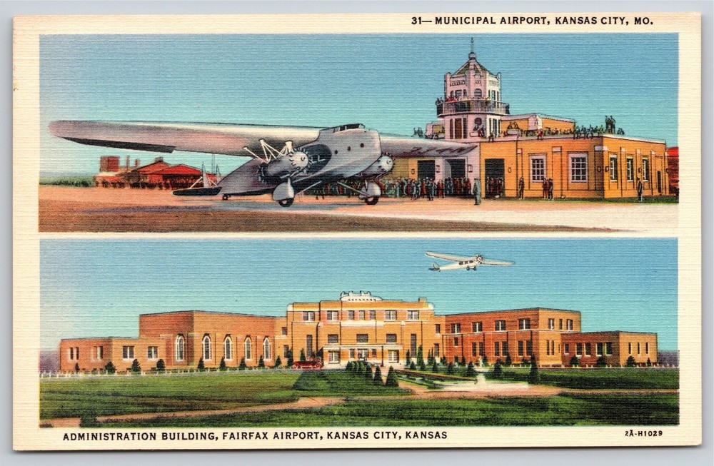 Kansas City MO~Admin Bldg Fairfax & Municipal Airports~Vintage Linen Postcard