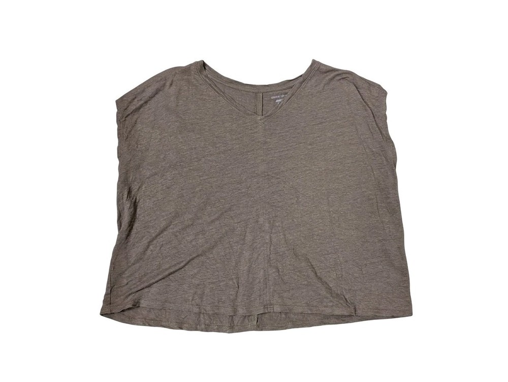 Eileen Fisher Organic Linen Knit Shirt XS Brown Taupe V-Neck Boxy Tee Top Slub