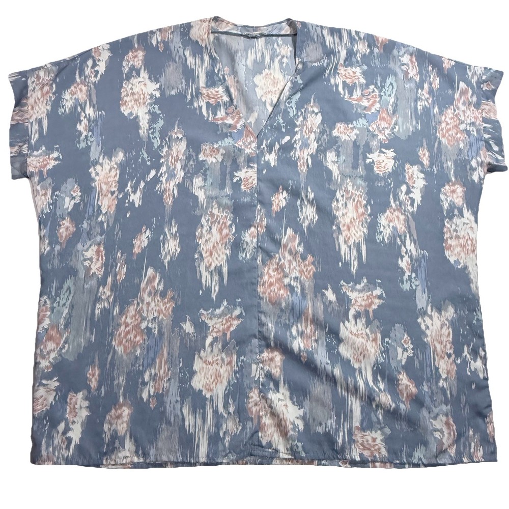 Vintage Blue Abstract Floral Blouse V-Neckline Ikat Print Ruana Split Neck Sz L