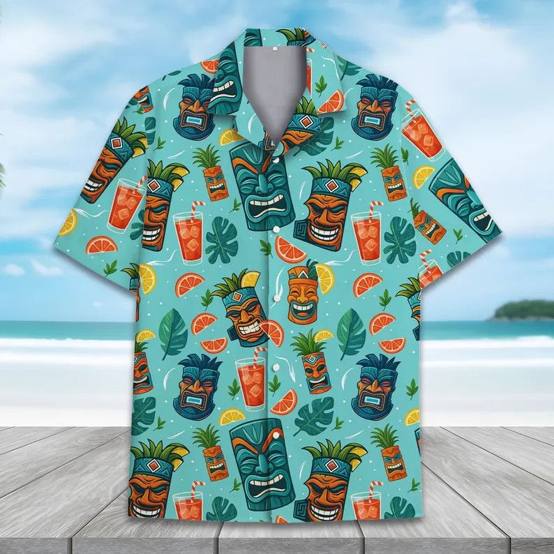Mens Hawaii Shirt Tropical Tiki Mug Aloha Beach Summer Vacation Gift