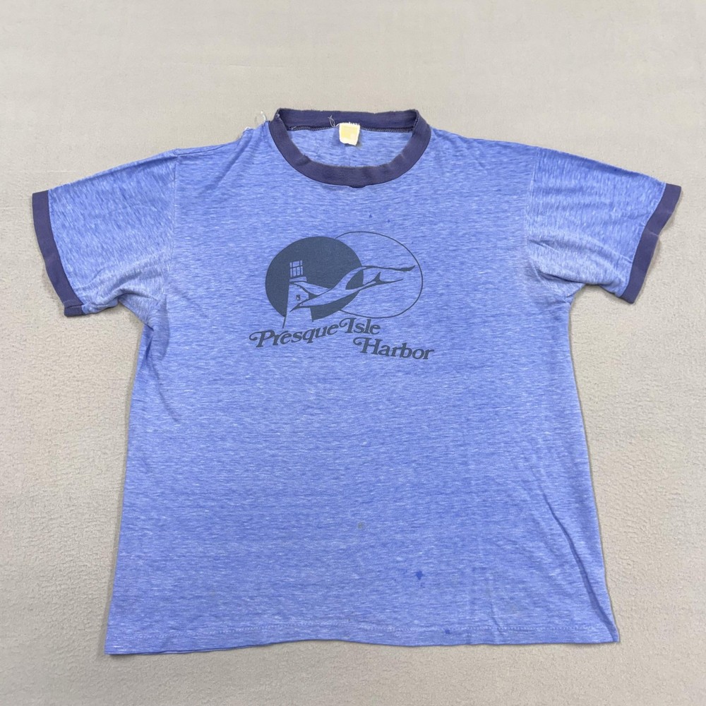 Vintage Presque Isle Harbor Shirt Mens Medium Blue Ringer Lighthouse Graphic Tee