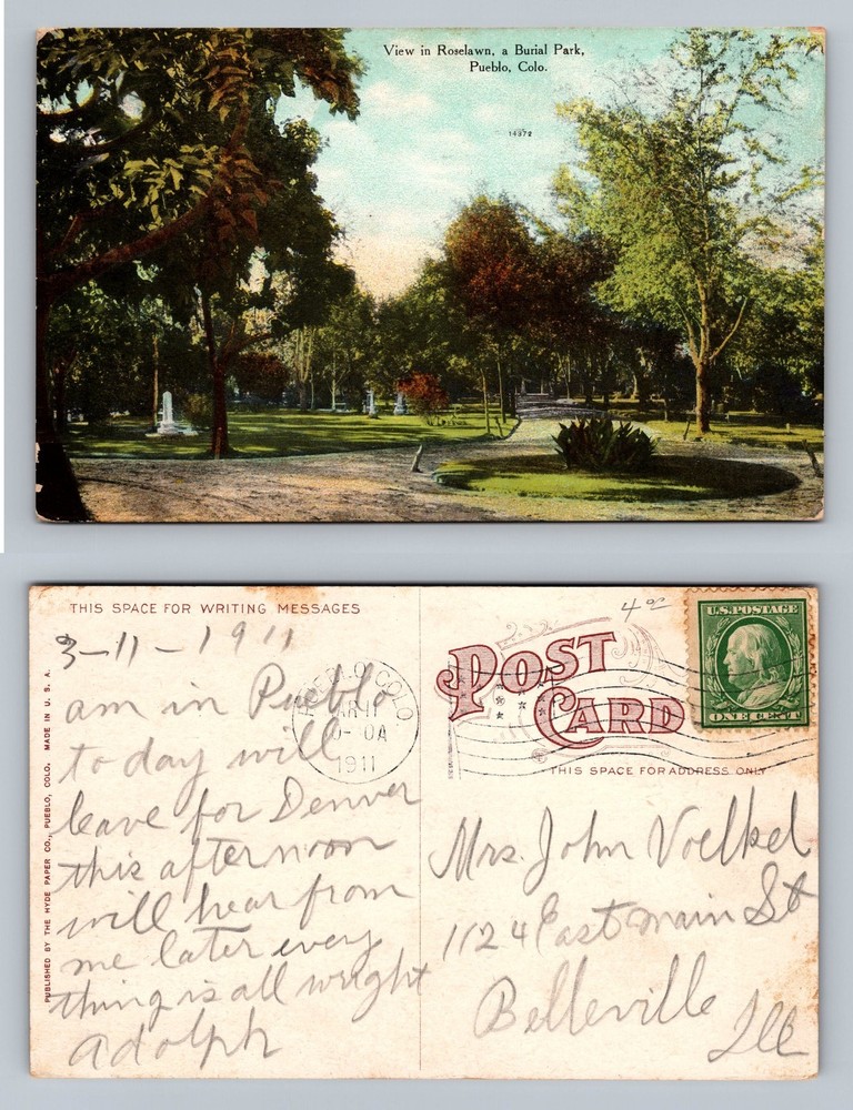Pueblo, CO-Colorado, Roselawn Burial Park Scene Card Vintage c1911 Postcard
