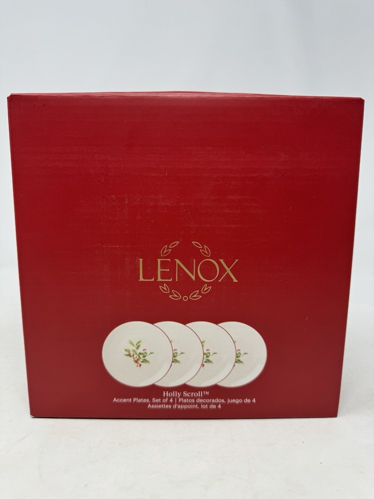 Lenox Christmas Holly Scroll Accent Plates Set Of 4 holiday NIB 7.5” elegant HTF-image