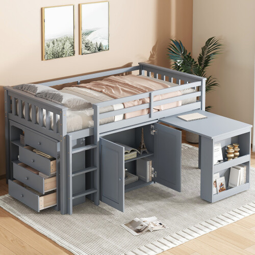 Low Loft Bed with Storage Cabinet and Rolling Desk for Kids  