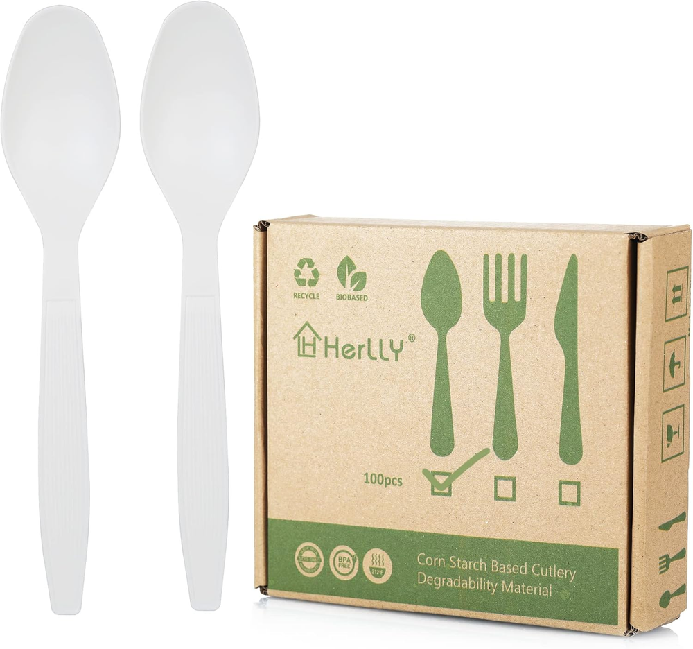 Compostable Spoon,100 Biodegradable Silverware for Party,Large Disposable Utensi