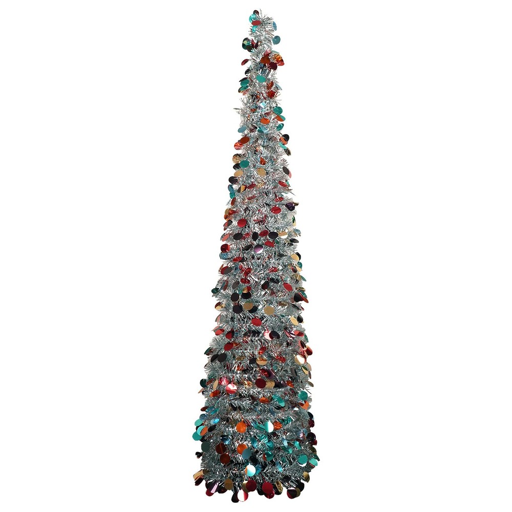 5Ft Pop Up Tinsel Christmas Tree Collapsible Artificial Pencil Skinny Silver