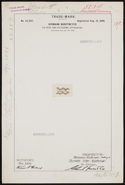 Hermann Nordtmeyer for Berkefeld-Filter brand Filters and Filtering Apparatus