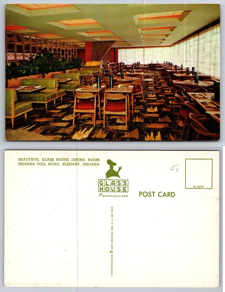 Vintage Glass House Restaurant Elkhart Indiana Toll Road Postcard Mid-Century