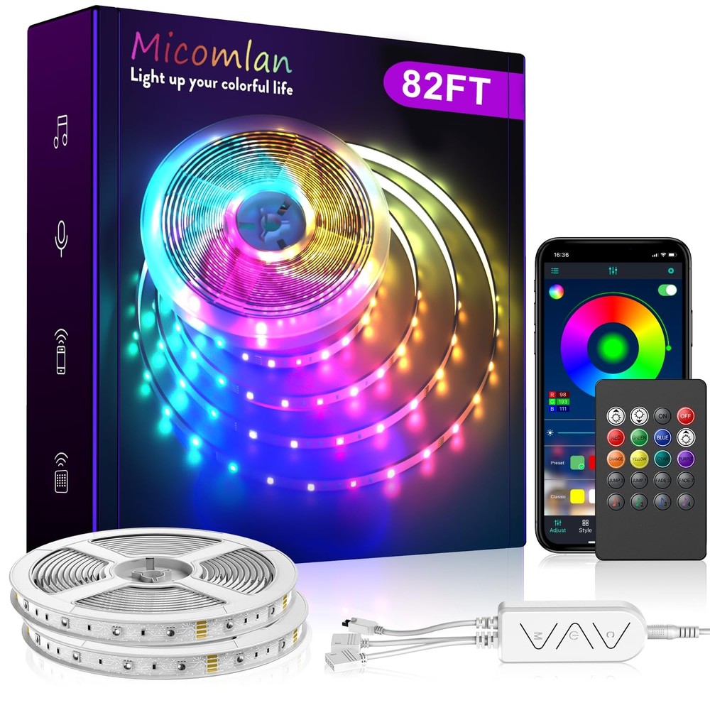 82Ft Bluetooth RGB LED Strip with Music Sync Color Change App Remote Control for Home Decor