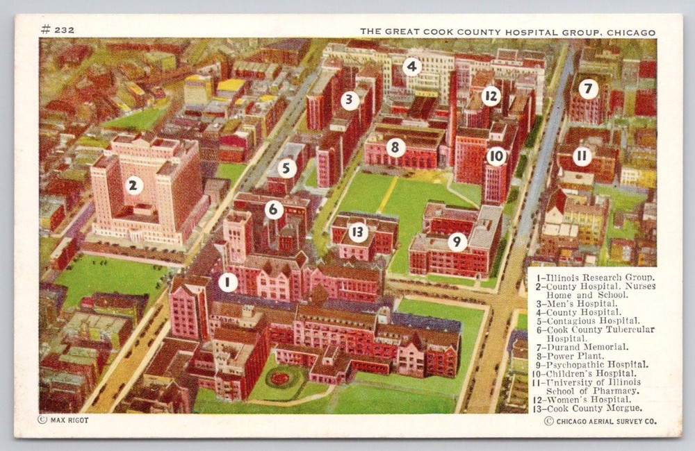 Chicago Cook County Hospital Group Aerial View Linen Postcard Max Rigot