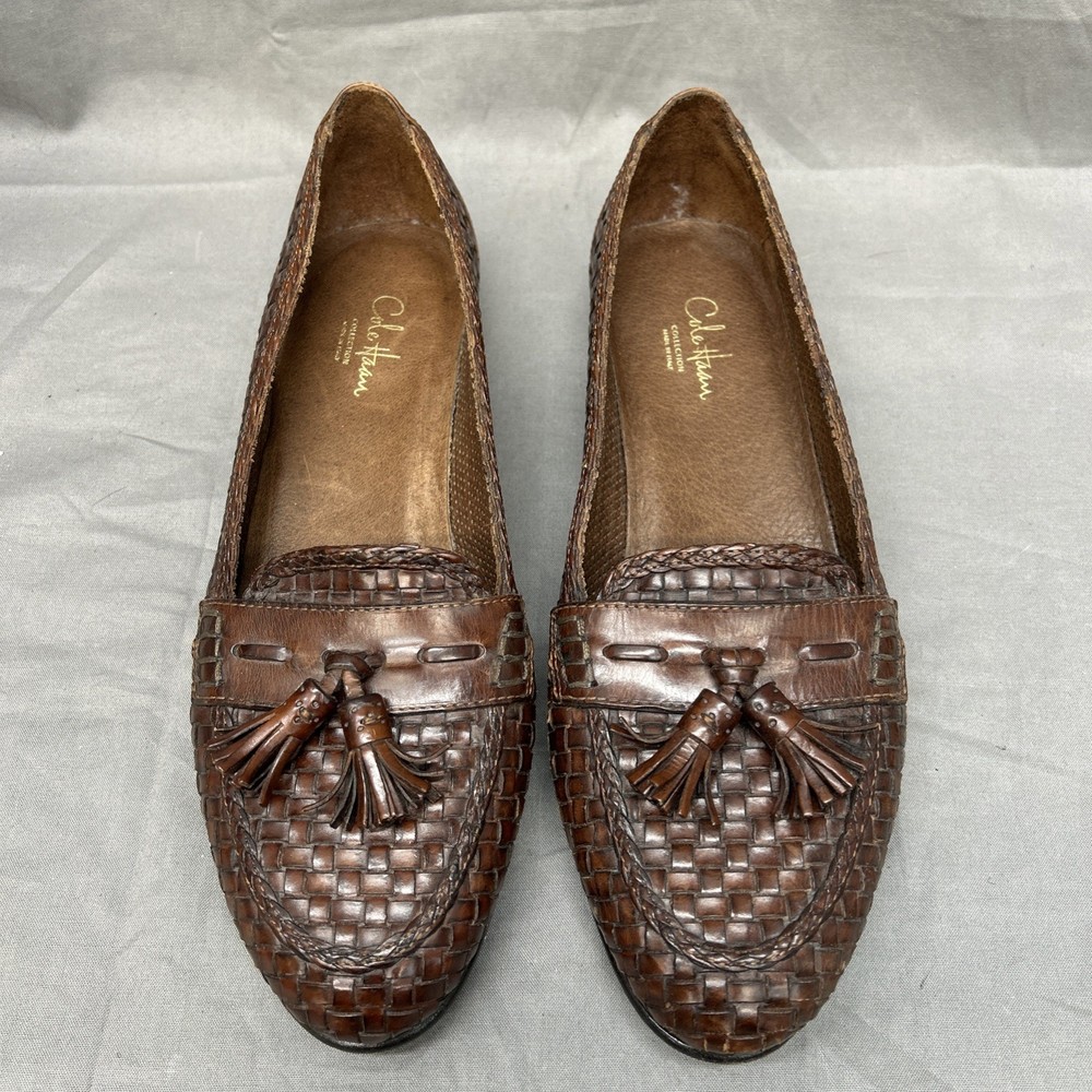 Cole Haan Mens Woven Leather Tassel Loafers Size 9 B Brown Classic Slip-on Shoes