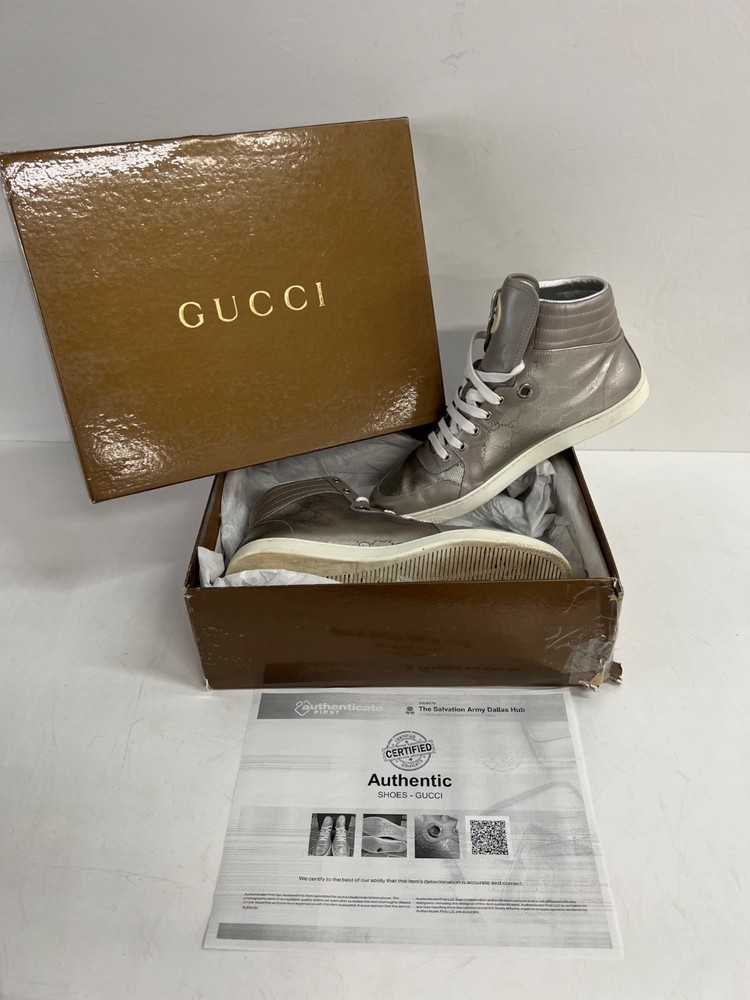 Men's GUCCI Silver Signature GG High Top Sneakers Sz 10.5 in Box w/ COA